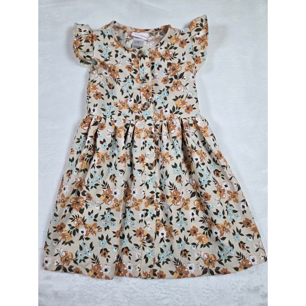 Little Lass Girls Tan Floral‎ Button Front Flutter Sleeve Dress Size 5